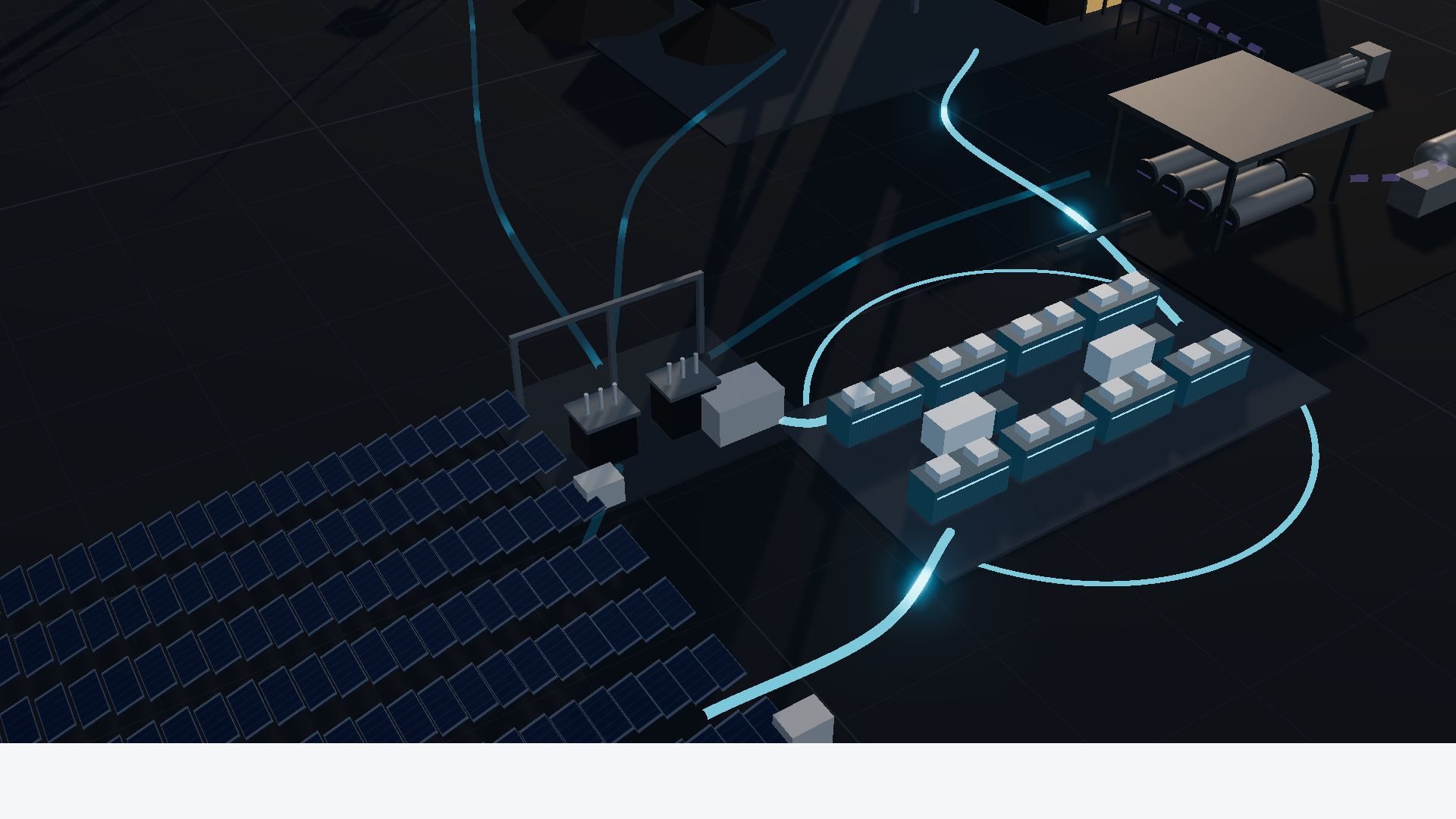 Concept visual of containerised battery storage beside a substation, with charging and discharge connections.