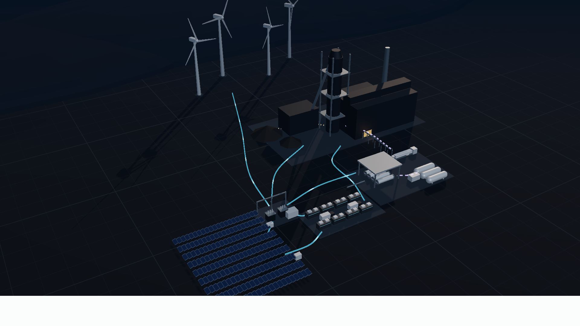Concept visual of the complete connected system seen from a distance: generation, storage, electrolysis and an industrial process boundary.