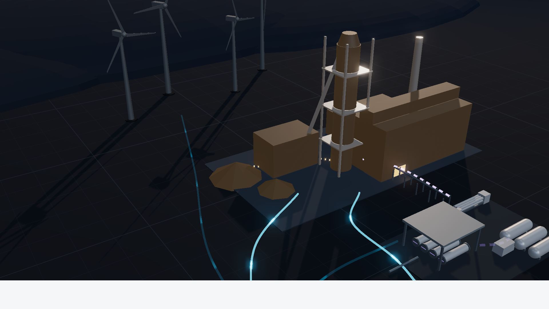 Concept visual of an industrial boundary with feed preparation, a reduction shaft, a melt shop and a finishing hall, supplied with electricity and hydrogen.