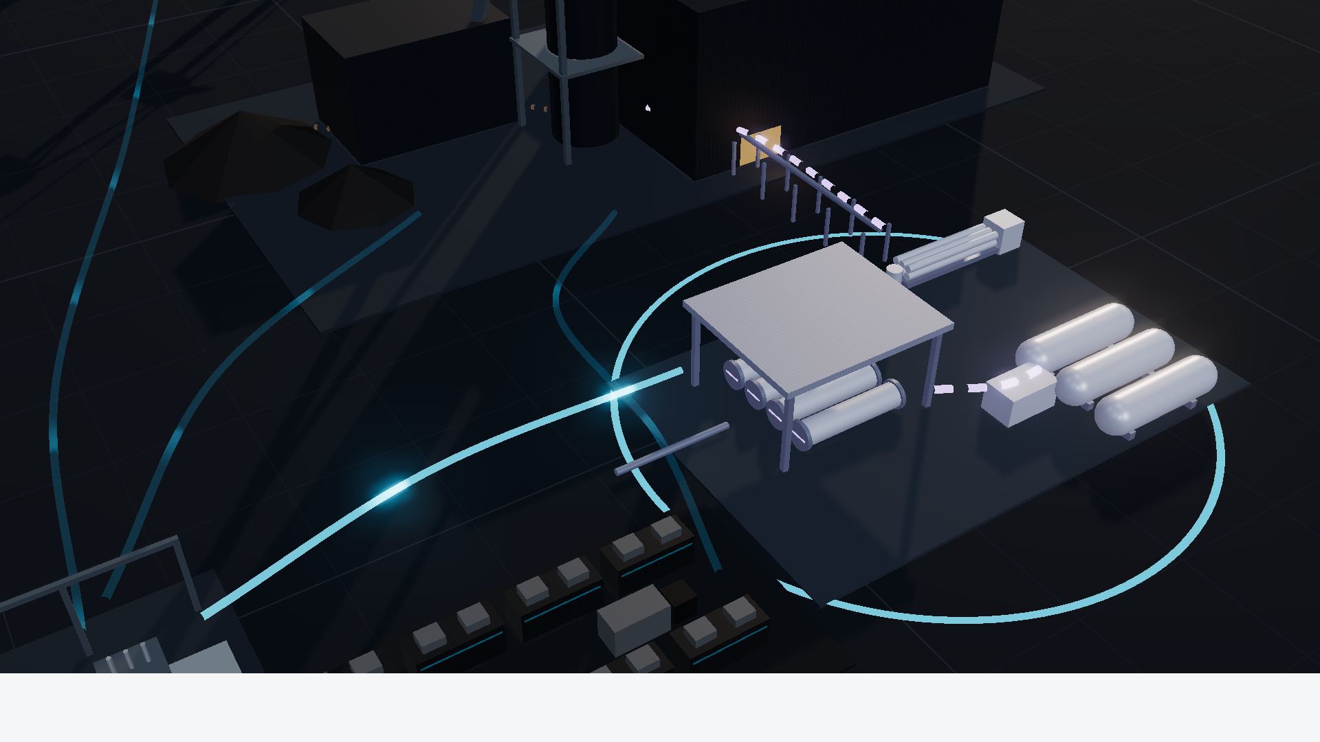Concept visual of an open electrolysis shed with electricity and water inlets, hydrogen storage and a delivery line to the industrial boundary.