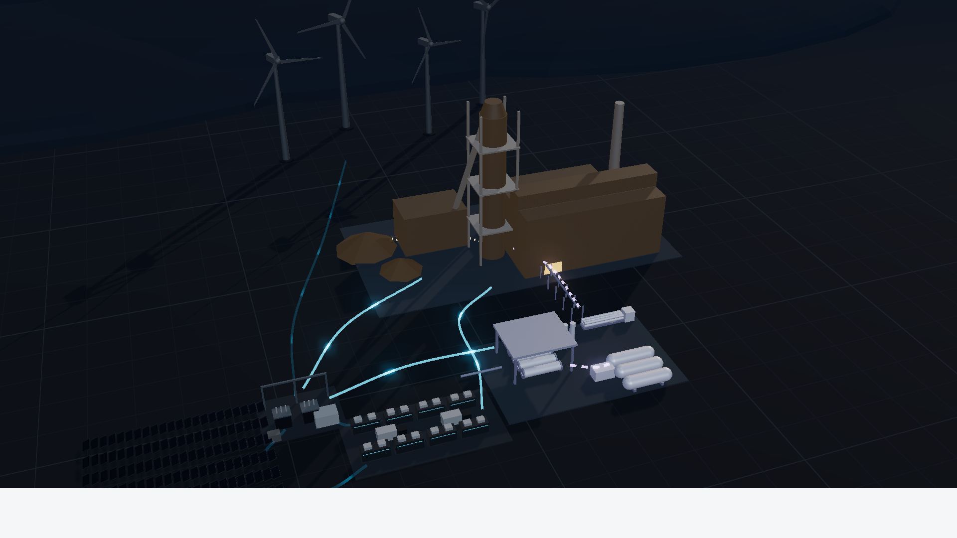 Concept visual of the shared industrial scene: generation and storage supplying electrolysis and an industrial process boundary.