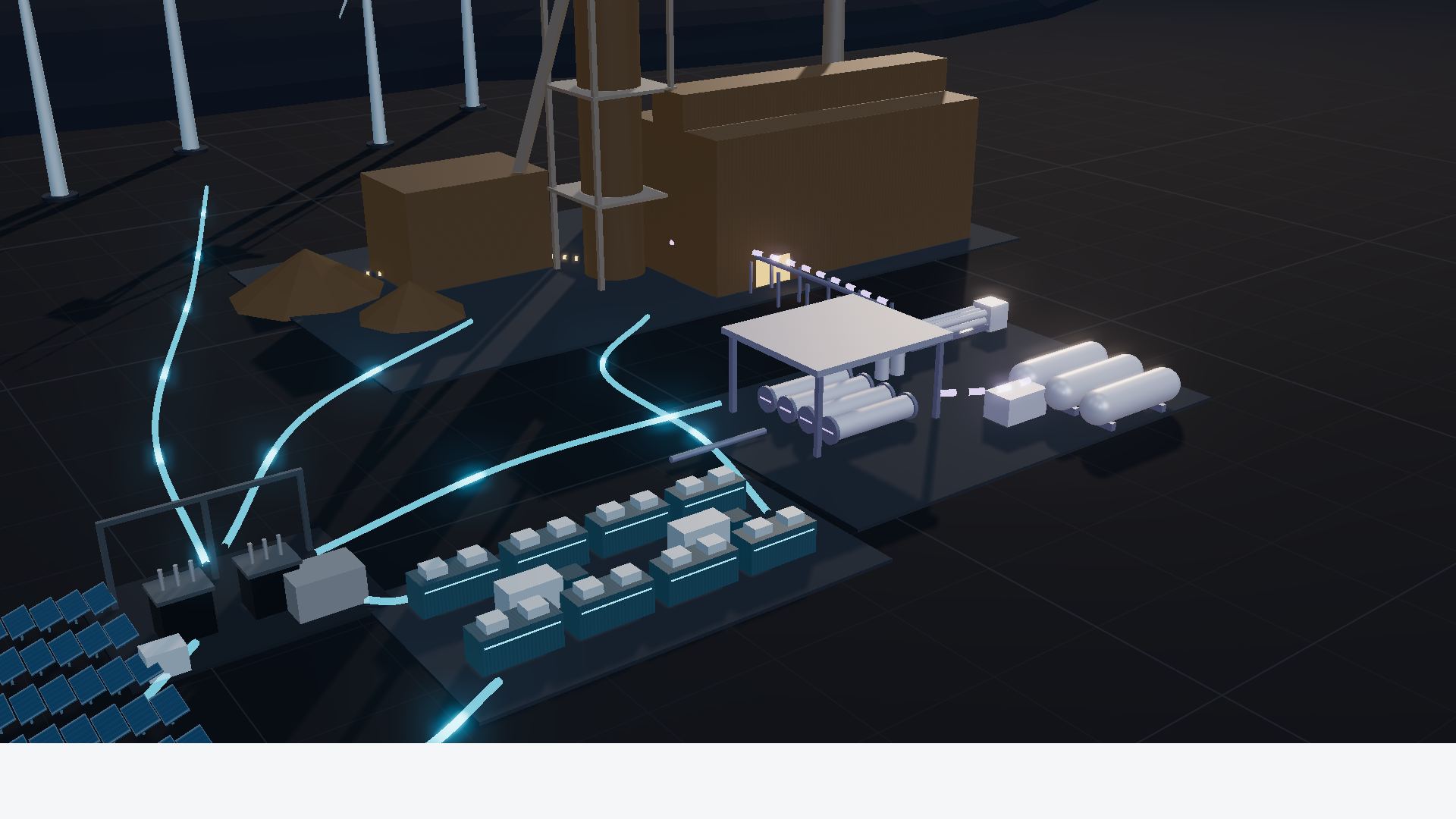 Concept visual of generic equipment modules: solar trackers, wind turbines, battery enclosures, an electrolysis shed and an industrial process boundary, with small functional labels.