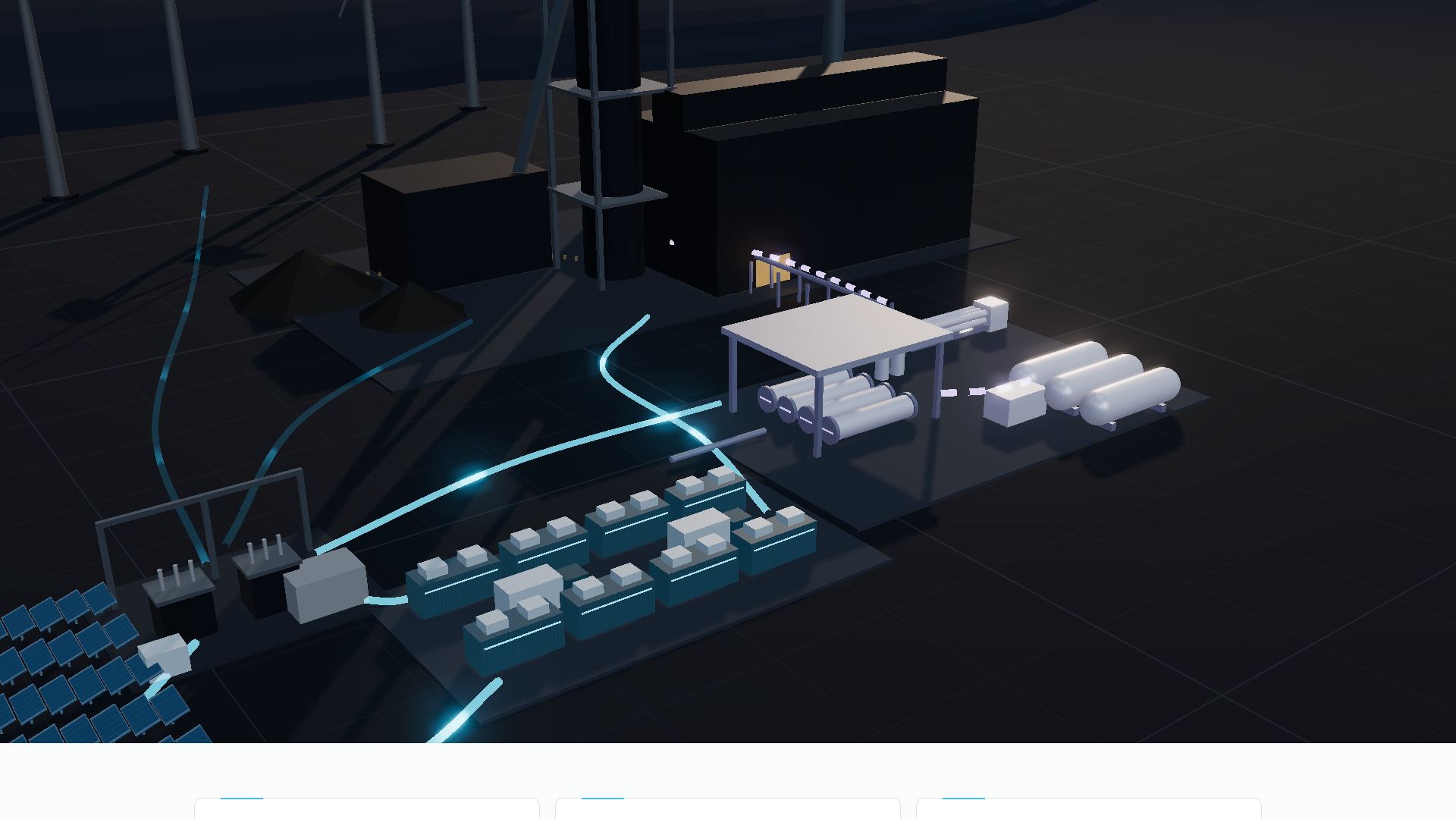 Concept visual panorama of generic energy equipment: solar trackers, battery enclosures, a substation and an electrolysis shed.