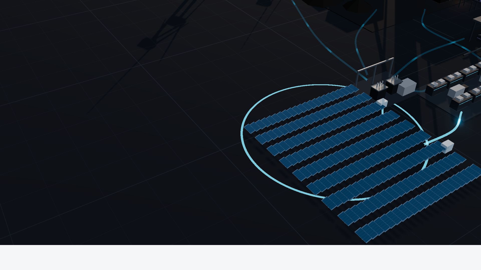 Concept visual of utility-scale single-axis solar tracker rows connected to a substation and battery storage.