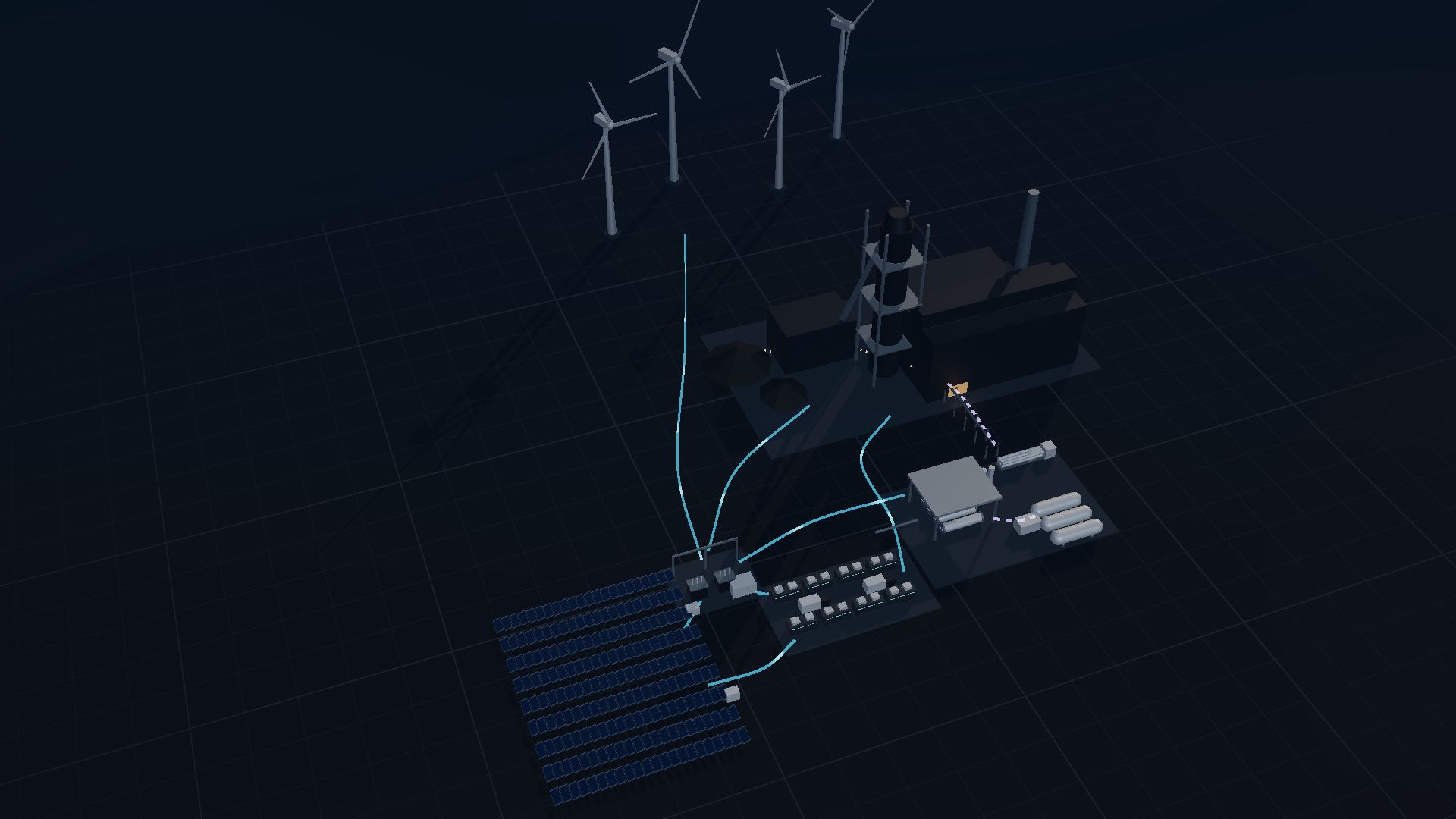 Concept visual of the complete connected system: solar and wind generation, a substation, battery storage, electrolysis and an industrial process boundary.