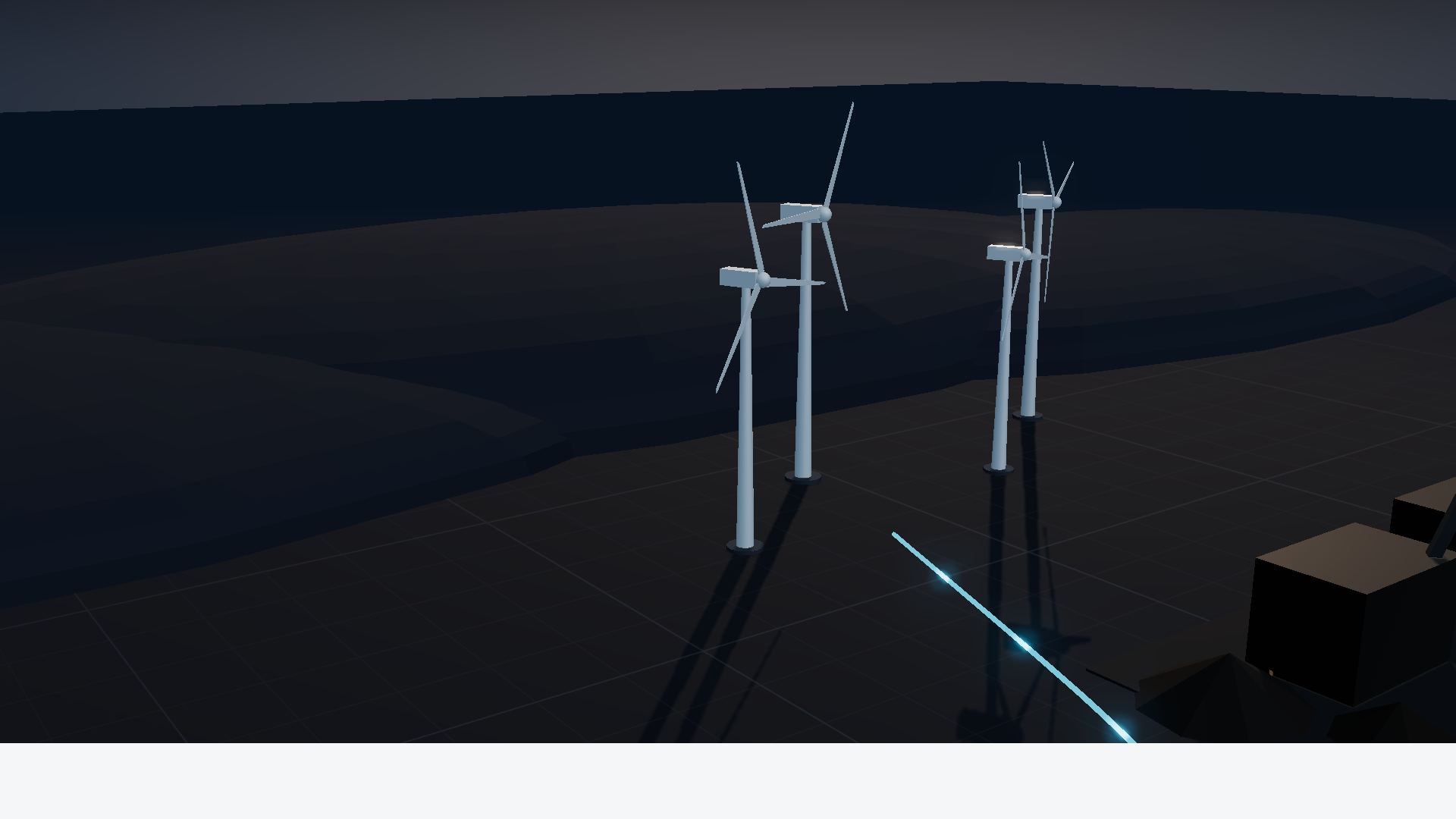 Concept visual of generic wind turbines on a ridge, connected to the electrical network of an industrial site.
